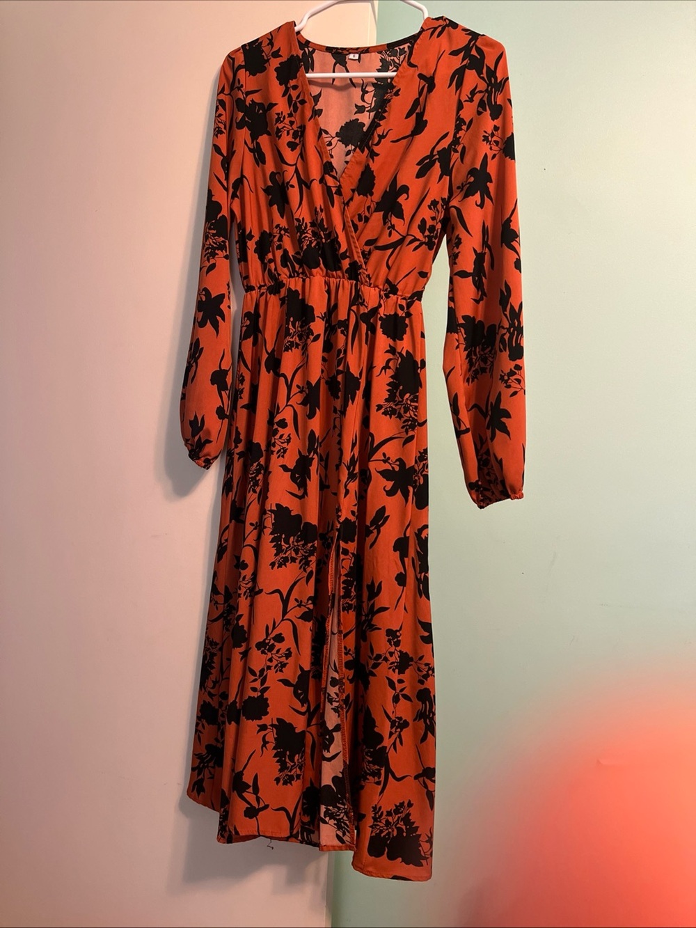 SHEIN Orange Floral Wrap Midi Dress with Black Print